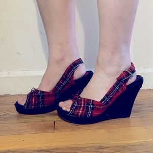 Tartan plaid wedge platform shoes 7
